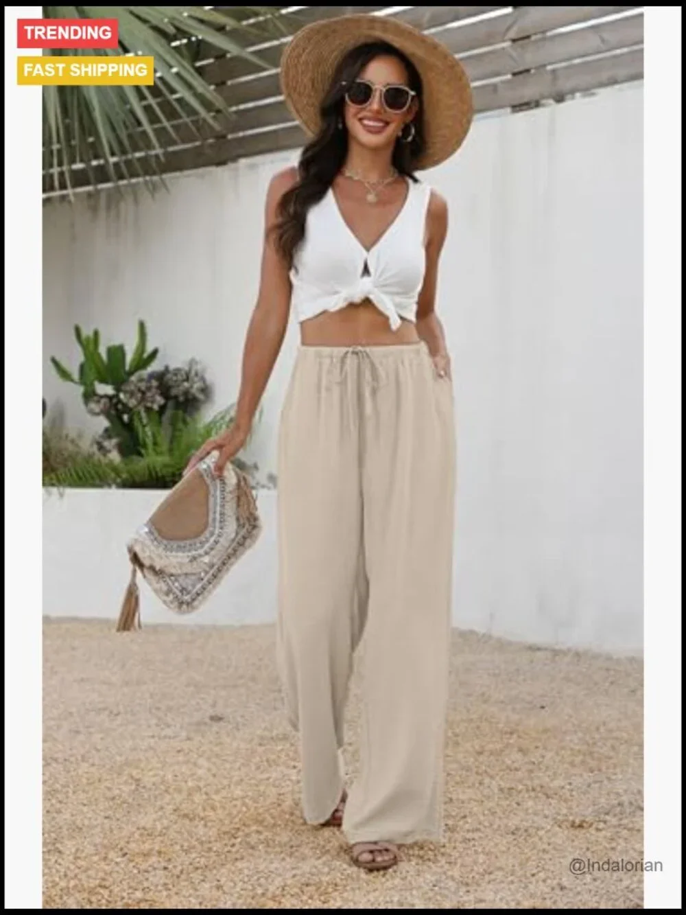 Wide Leg Palazzo Pants Drawstring Elastic Waist Trousers with Pockets Flowy